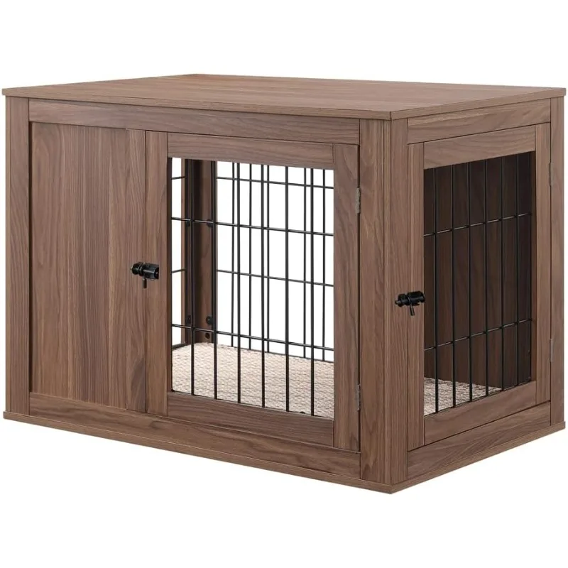 unipaws Furniture Style Dog Crate End Table with Cushion, Wooden Wire Pet Kennels with Double Doors, Medium Dog House Indoor Use