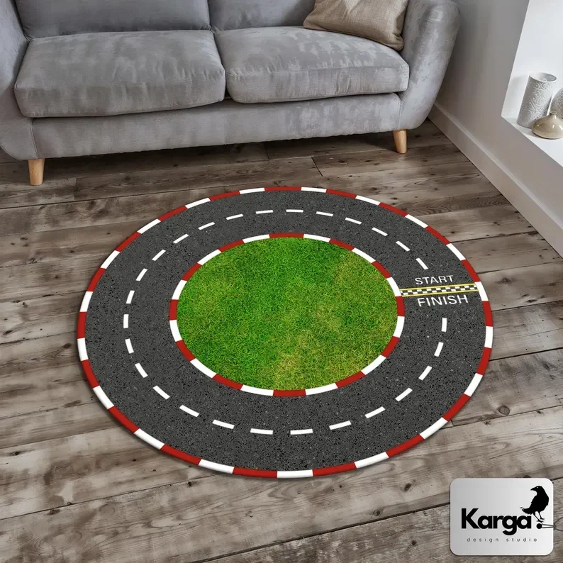 Race Track Race Track Rug Start Line Finish Line Round Racetrack Round Racing Car Rug Racing Car Round Kids Room Rug Round Rug
