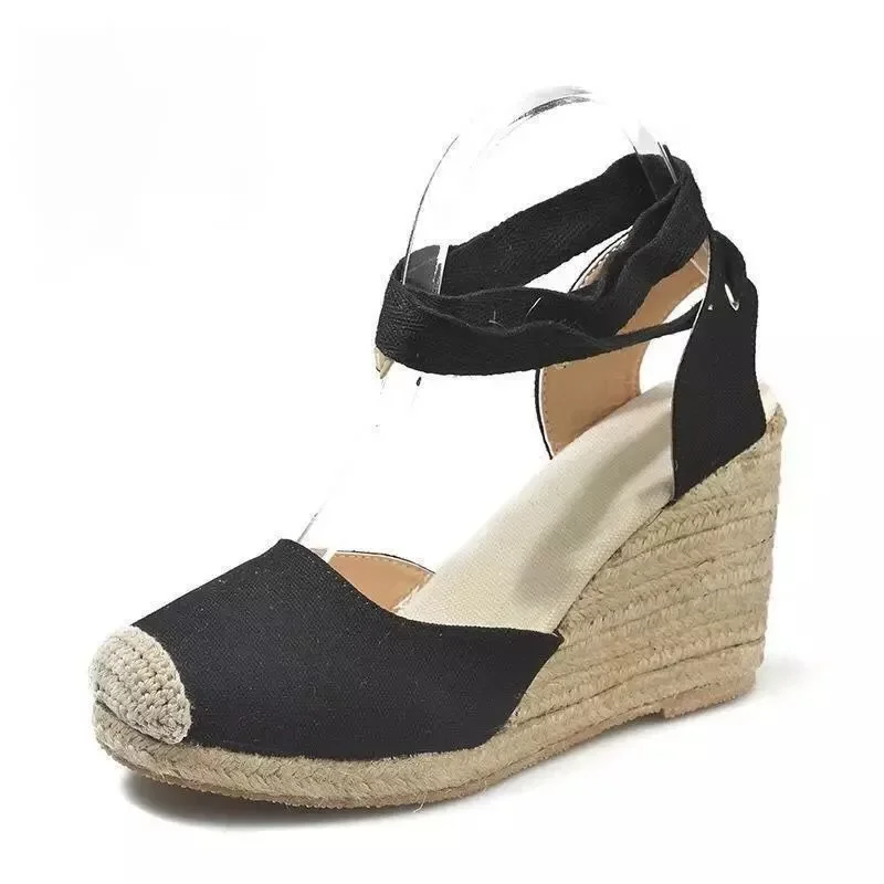 2026 Neue Damen-Sandalen mit großem Keilabsatz, dicker Sohle, Baotou-Tasche mit Fußringriemen, Stoffoberfläche, Hanfseil-Sandalen für Damen – Detail 8
