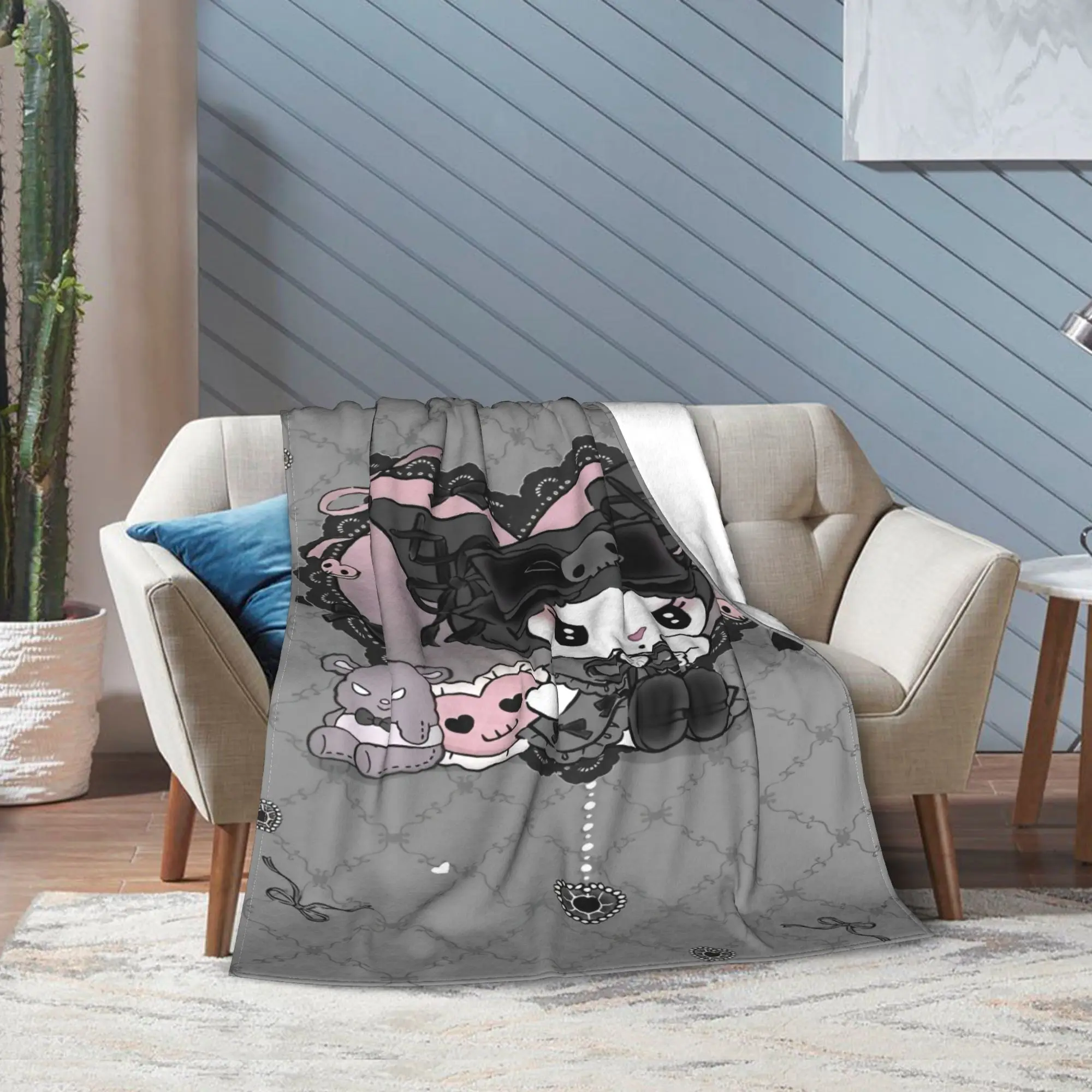 لطيف Kuromi Baku الكرتون بطانية الفانيلا مضحك الدافئة رمي البطانيات للمنزل مطعم الديكور #6