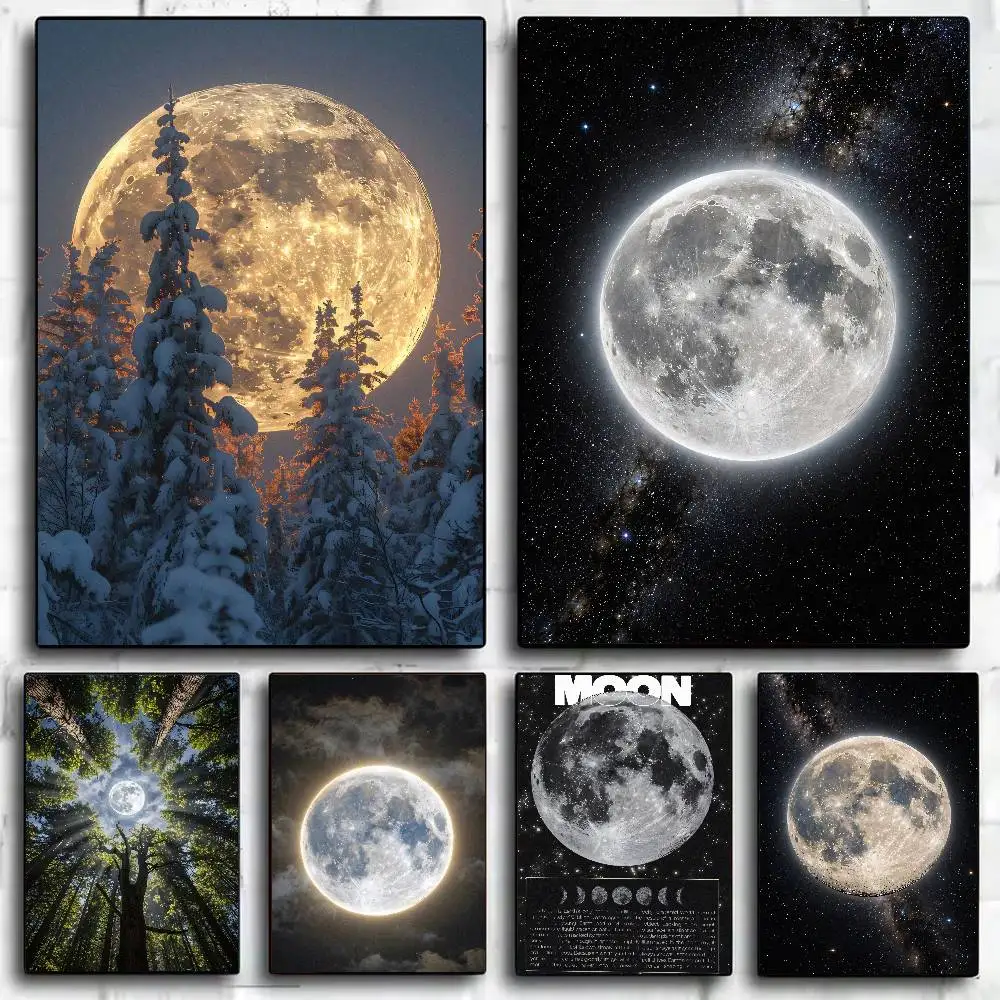 Full Moon Night Sky Poster Celestial Moon Scenery Wall Art Print Vintage Dark Night Nature Landscape Living Room Home Decor