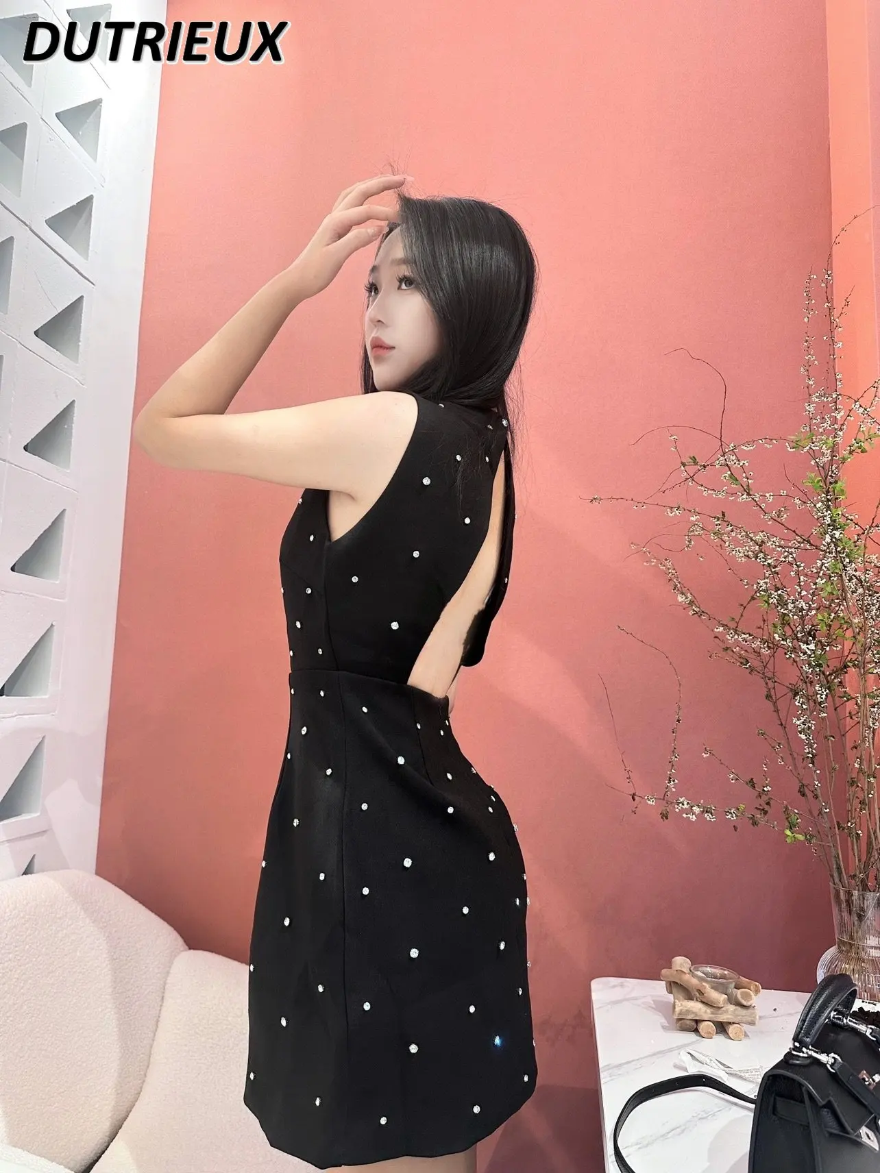 

French Style Sleeveless Dress Heavy Industry Rhinestone Backless Dress Fashion Waist-Controlled Simming Women's Black Dress