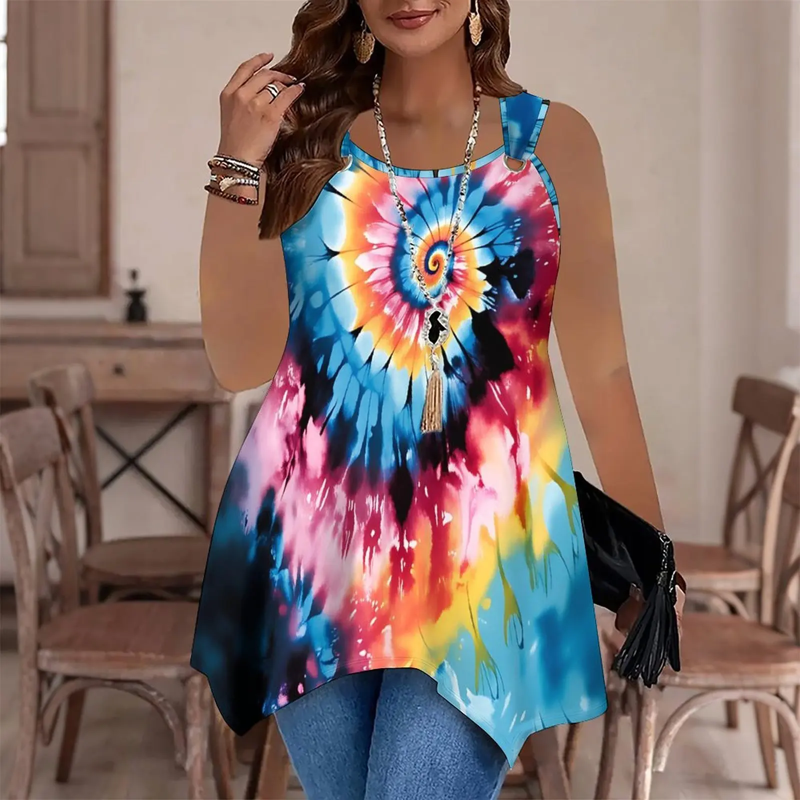 Ladies' Slim Printed Sleeveless T-shirt Retro Round Neckbeach Vacation Fashionable Tops 2
