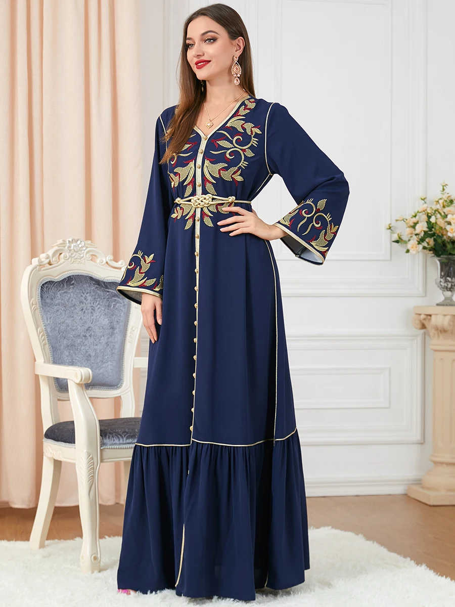 Ramadan Morocco Dress Women Muslim Abaya Fashion Dubai Abayas Embroidery Belted Kaftan Elegant Party Dresses Vestidos Spring