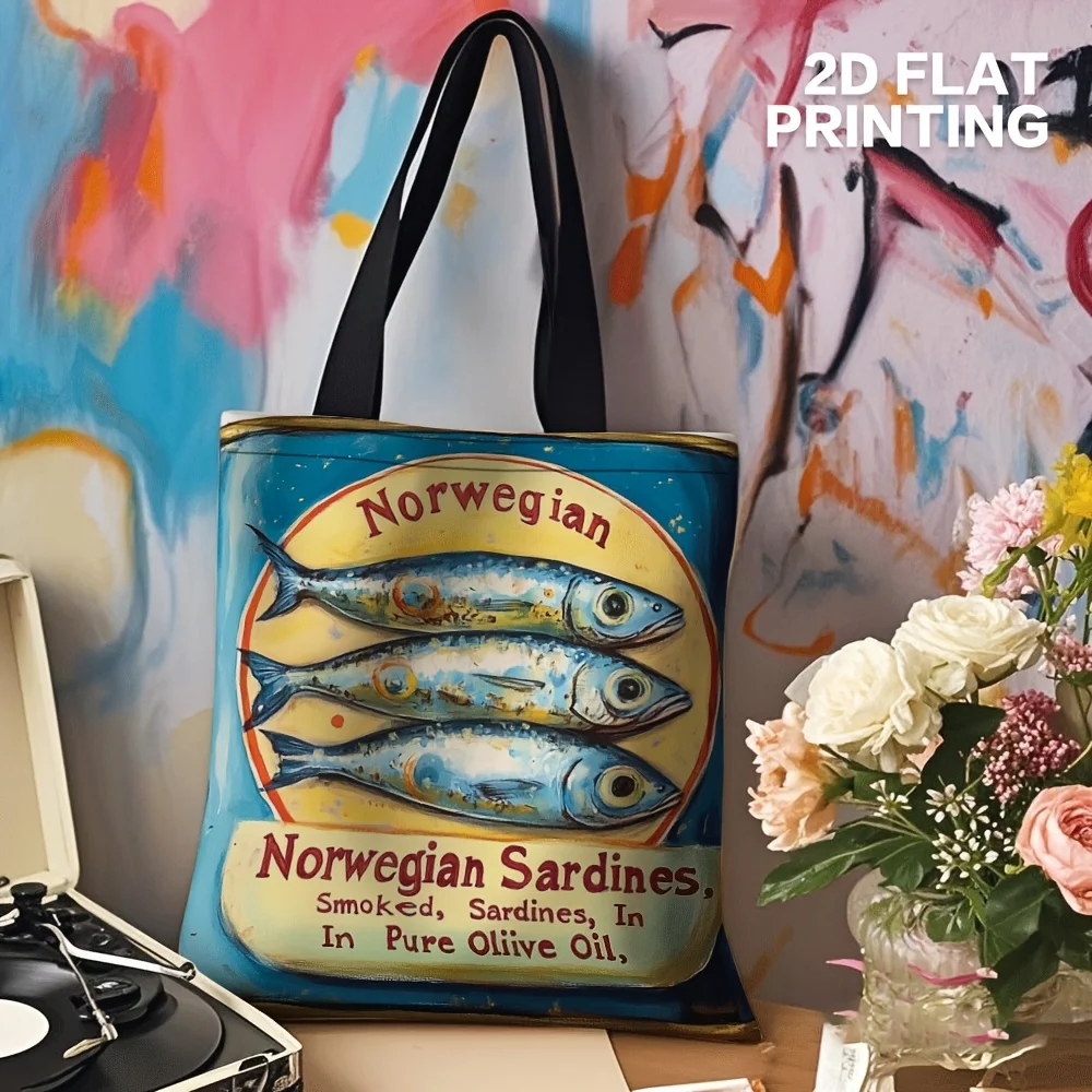 1pc Vintage Norwegian Sardines & Olive Oil Printed Polyester Tote Bag - Durable Large Capacity Reusable Shopping Bag
