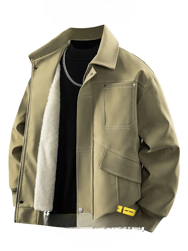

Warm Fleece Lined Cotton Jacket Men's Winter Fashionable American Style Workwear Stand Collar Thiened Long Sleeve Coat