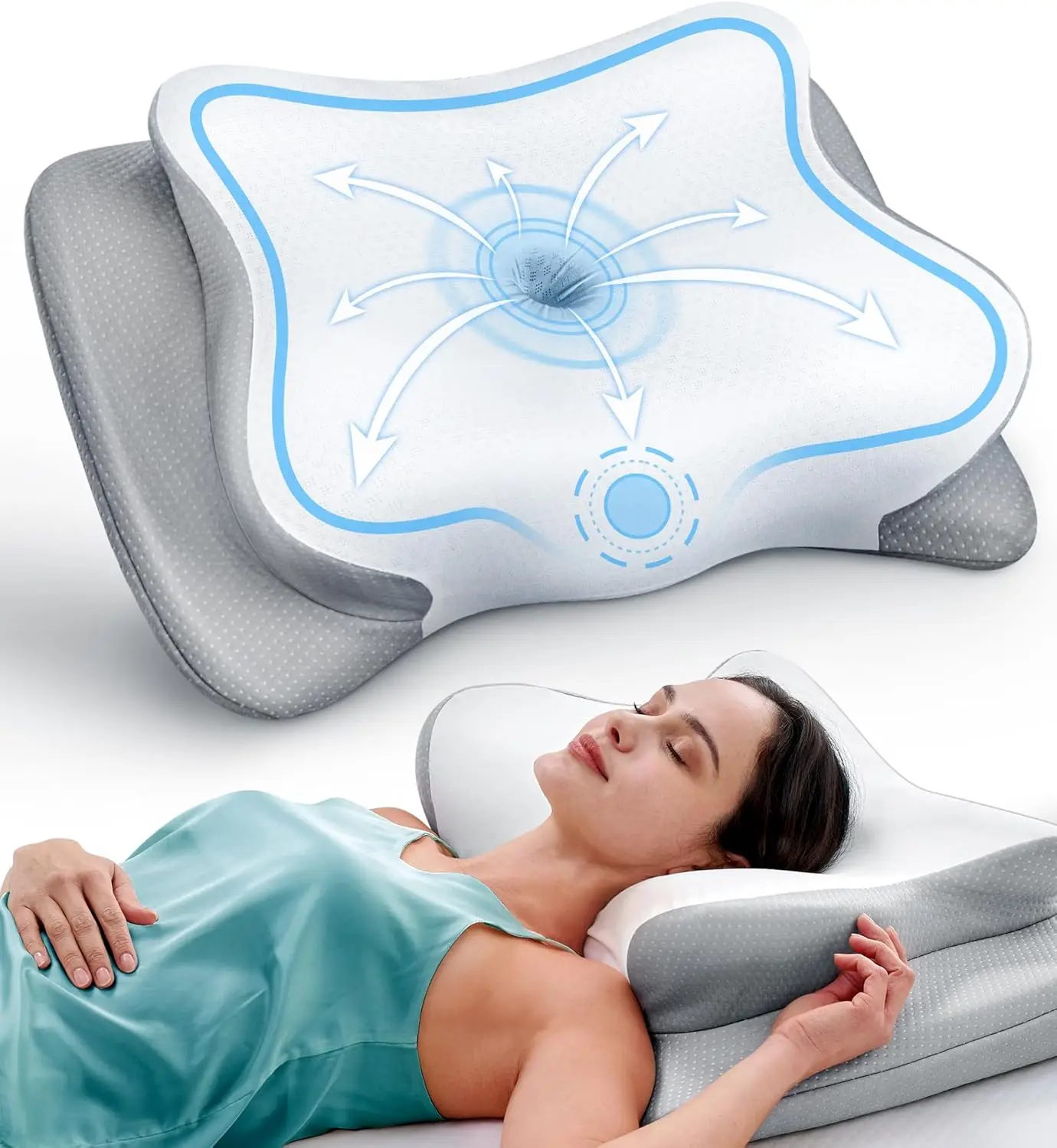 

Ergonomic Cervical Neck Pillow for Pain Relief, Cooling Memory Foam Support for Side Back Stomach Sleepers