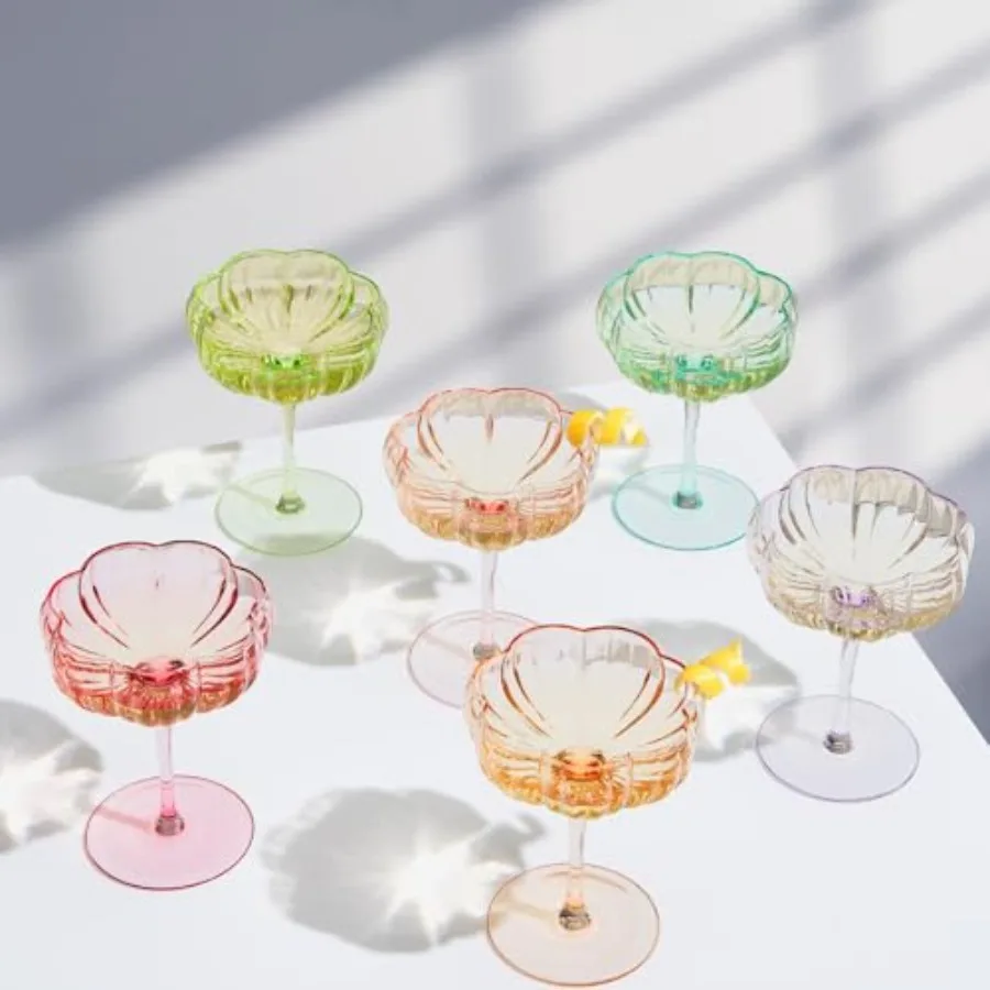

Flower Vintage Wavy Glass Coupes Martini, Champagne Cocktail Coupes - Set of 6-7oz Colorful Cocktail Glasses Champagne, Prosecc