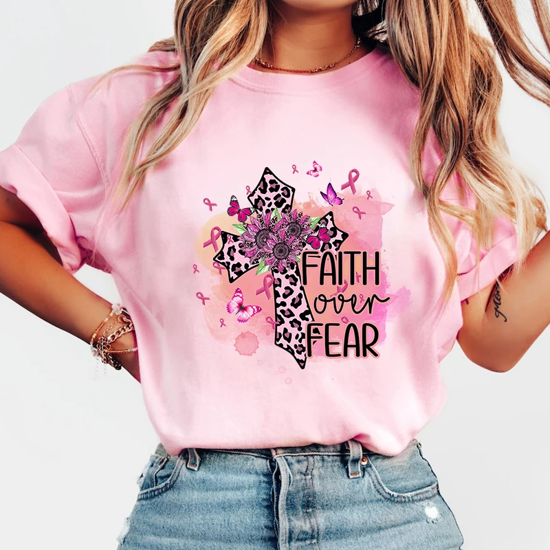 

Breast Cancer Awareness Faith Over Fear Print T Shirt Fans Summer Casual Short Sleeve Tee Cute Loose T Shirts