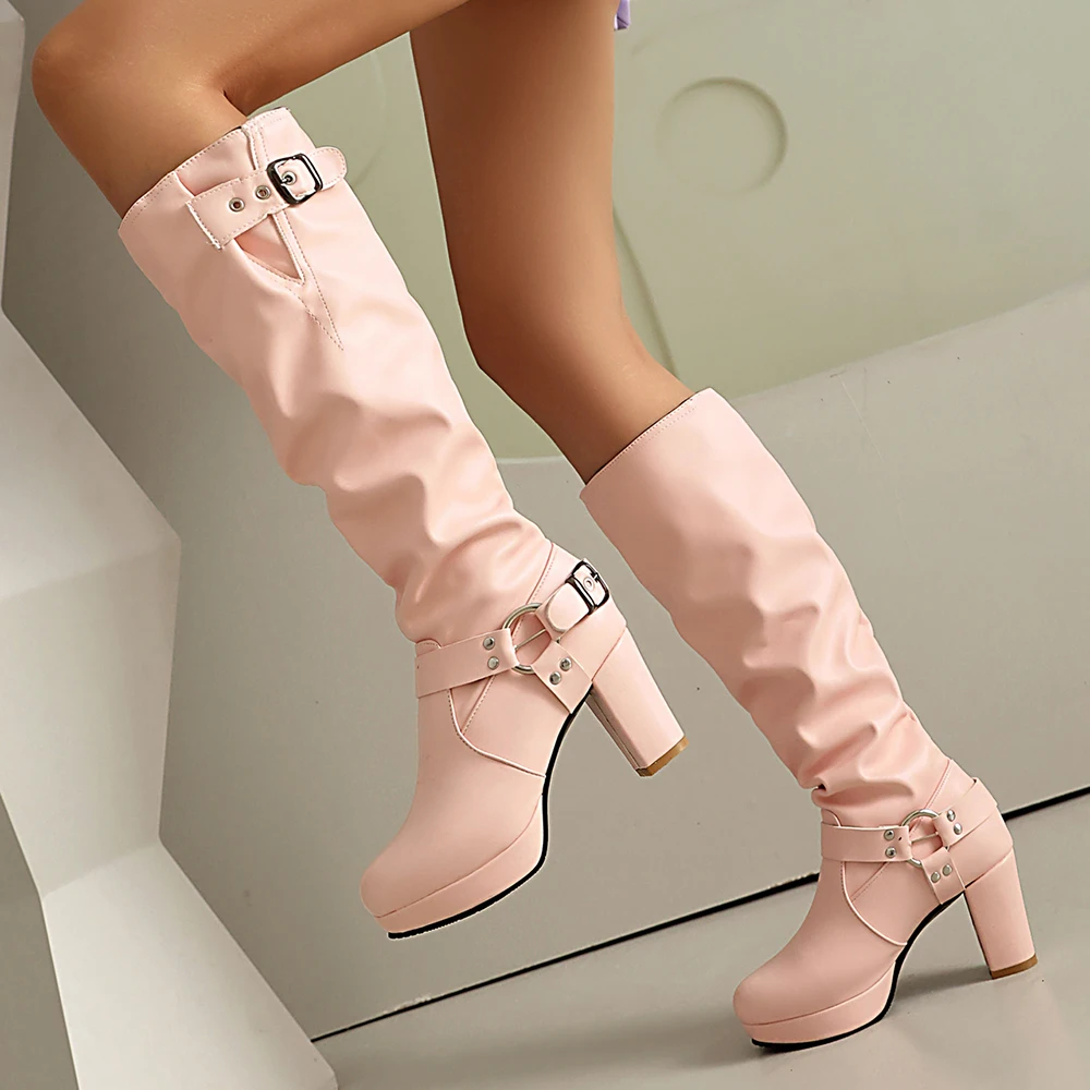 Women Pleated Platform High Heel Boots Winter Fashion Buckle Strap Zipper Knee High Boots Females Shoes Ladies Long Boots - Image 3