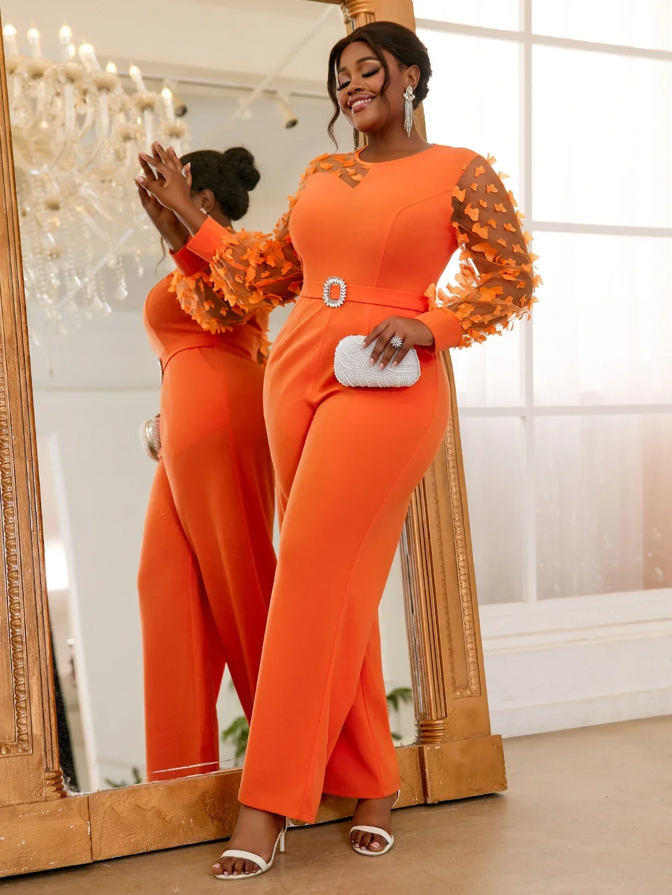 Elegant Women Autumn Orange Jumpsuit O Neck See Through Long Sleeve 3D Butterfly High Waist Tie Diamond Belt Straight One Piece