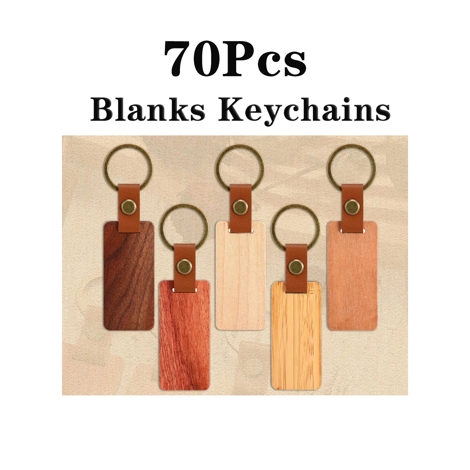 10-100Pcs Blanks Wooden Keychain 5 Colors Rectangle Wood Key Chain with Leather Strap Unfinished Keyrings Gifts for Dad image 3