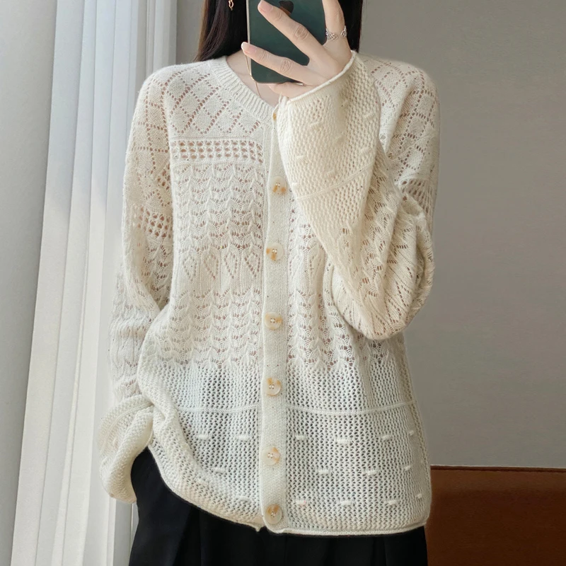 

Round Neck 100% Merino Wool Cardigan Spring Autumn New Hollow Out Fashion Long Sleeved Solid Color Knitted Cardigan Sweater Top