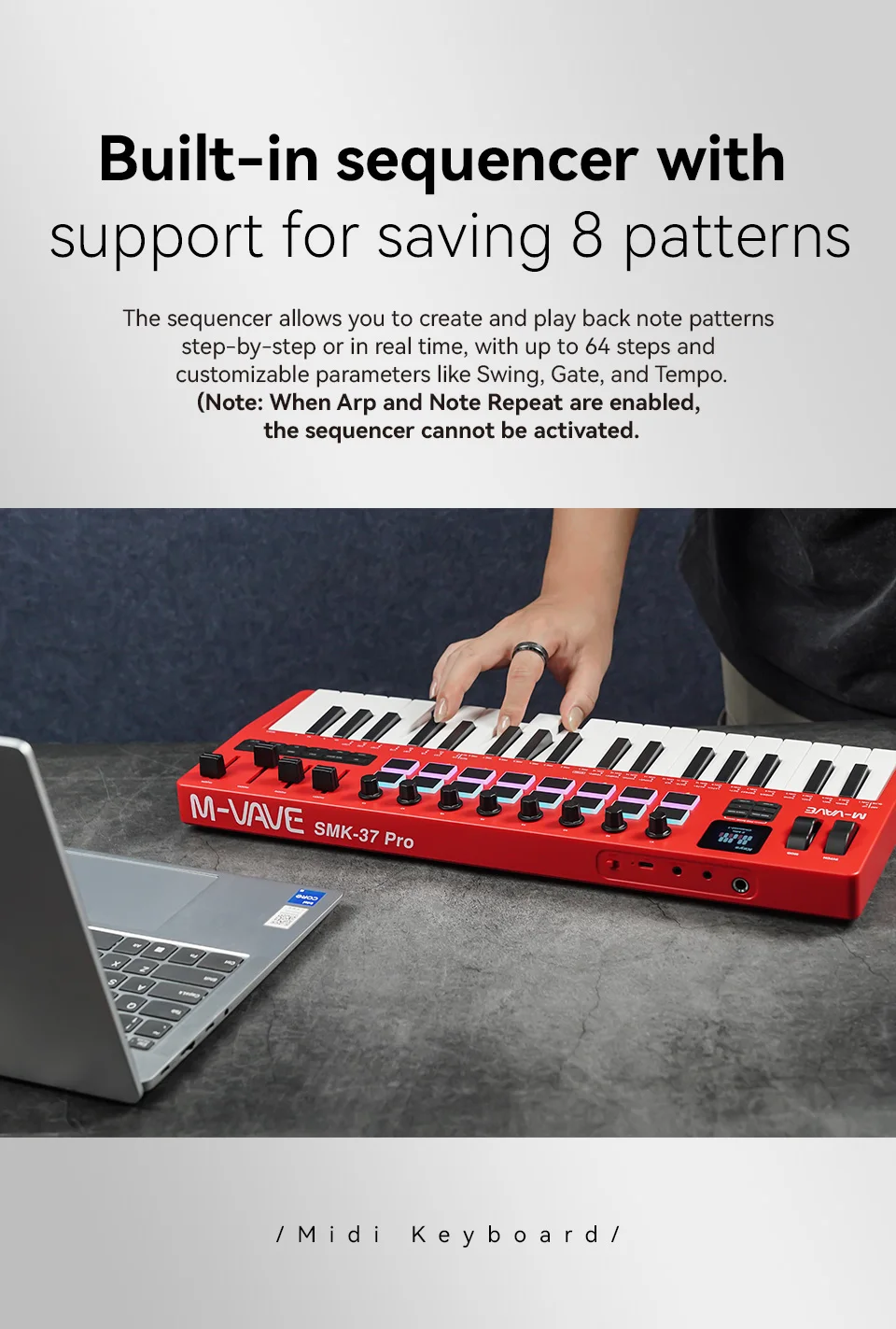 M-VAVE SMK-37 PRO Keyboard MIDI Controller 37 Key 16 RGB Pads&8 Knobs Supports Wireless Connection Systems Software Operation