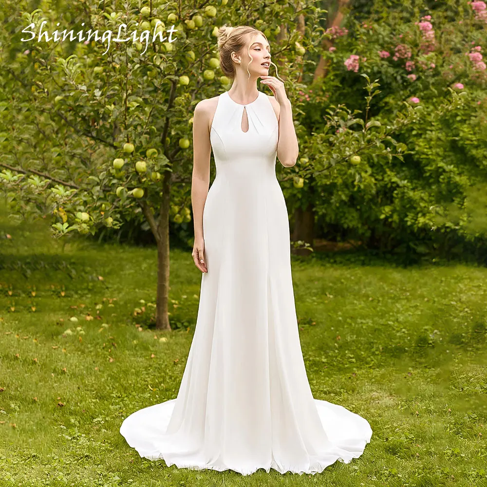 

ShiningLight Elegant Satin Bridal Dress For Women 2026 Classic Civil Mermaid Wedding Gown Scoop Neck Backless Customized