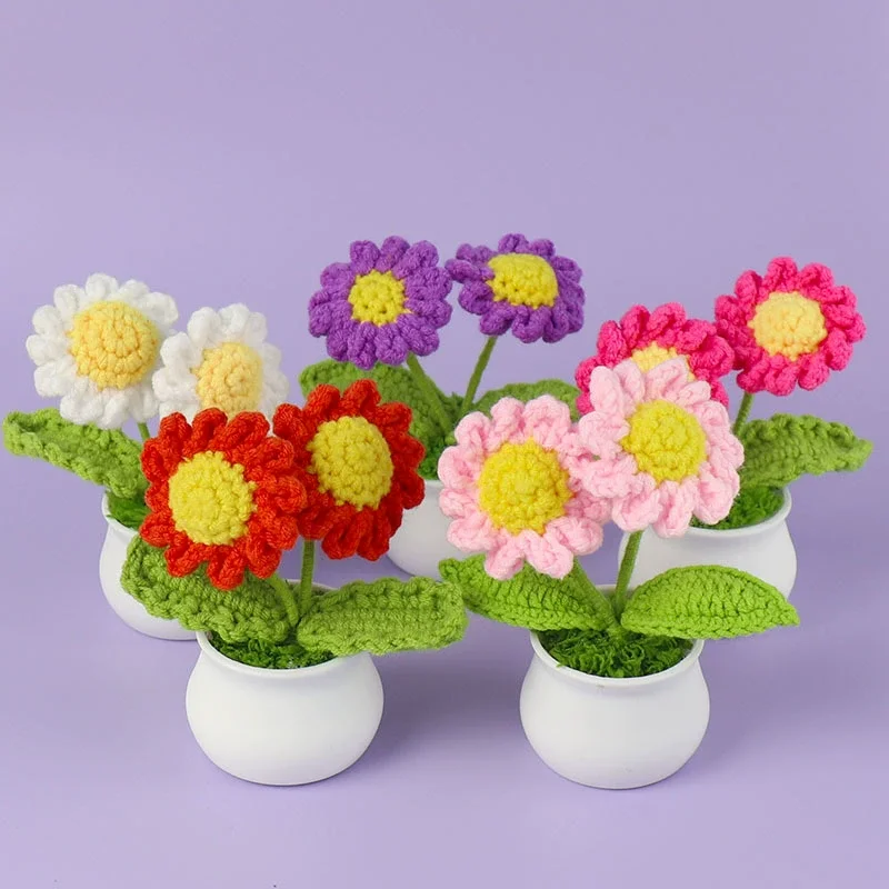 Cute Daisy Crochet Flowers Potted Woven Flower Creative Artificial Flowers Car Office Table Decor Handwoven Plant Flor Tejida