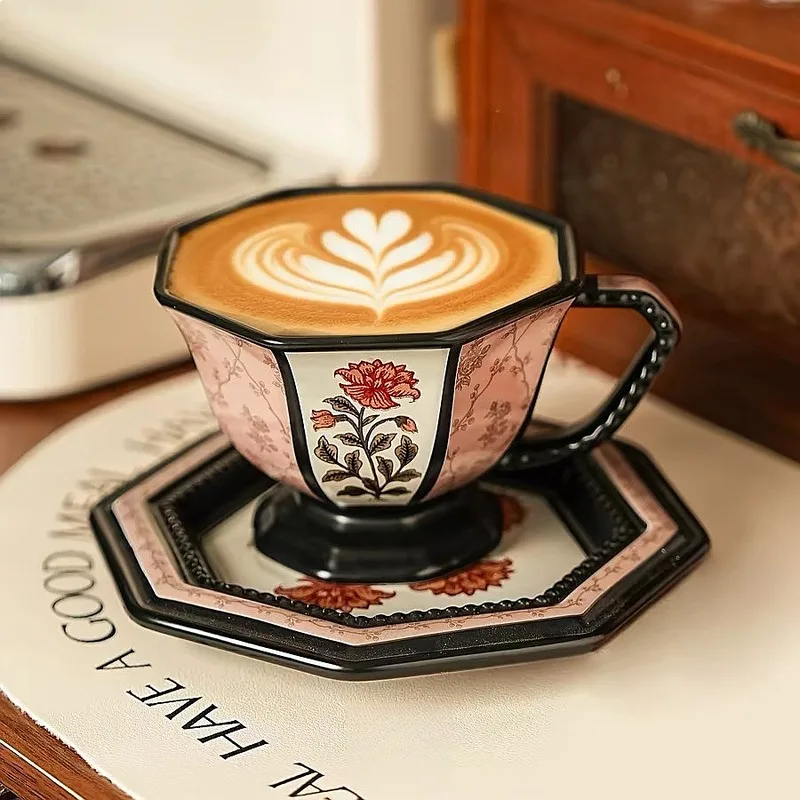 

Octagonal Peony French Vintage Ceramic Coffee Cup Water Mug High-End Housewarming Engagement Wedding Gift Souvenir