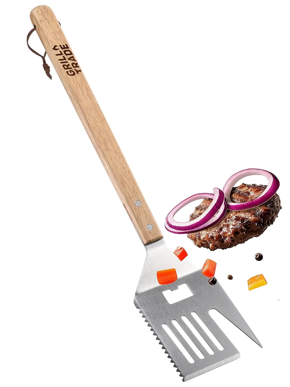 5-in-1 Grill Spatula with Knife, Fork, Tenderizer, Bottle Opener & Turner - 19' Wooden Handle BBQ Tool