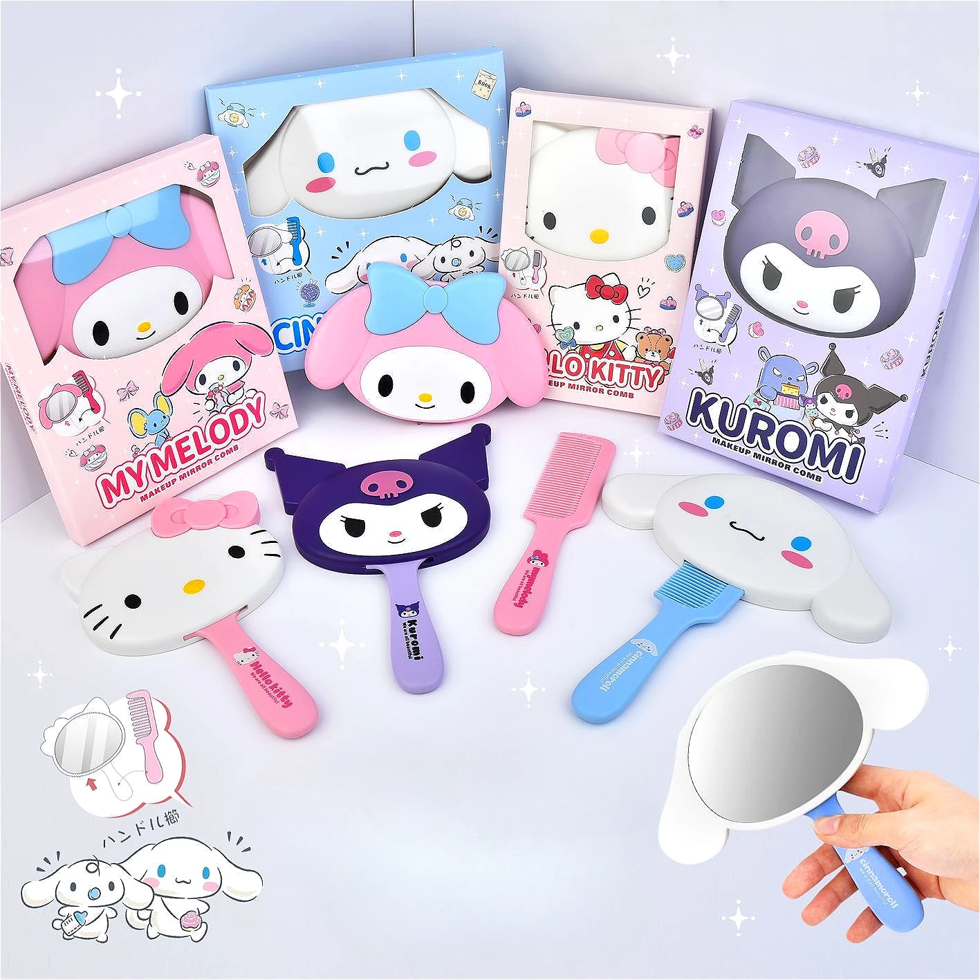 

New Cartoon Hellos Kittys Kuromis Comb Mirror 2-in-1 Handheld Mirror Cute Student Convenient Styling Mirror Girl's Gifts