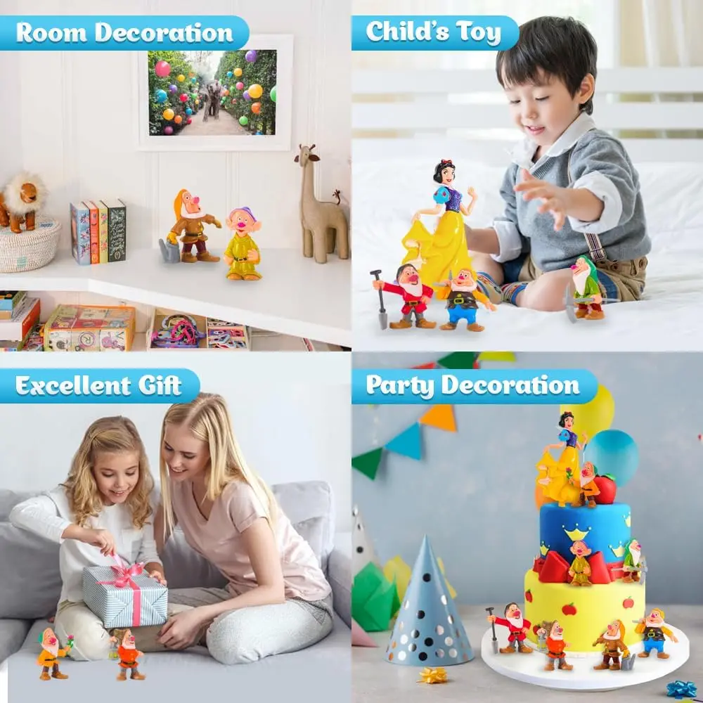 تماثيل صغيرة على شكل سنو وايت والأقزام السبعة - مجموعة مكونة من 8 قطع من تماثيل الأميرة مع جميع الأقزام السبعة - قطعة علوية لكعكة الأميرة مثالية لـ