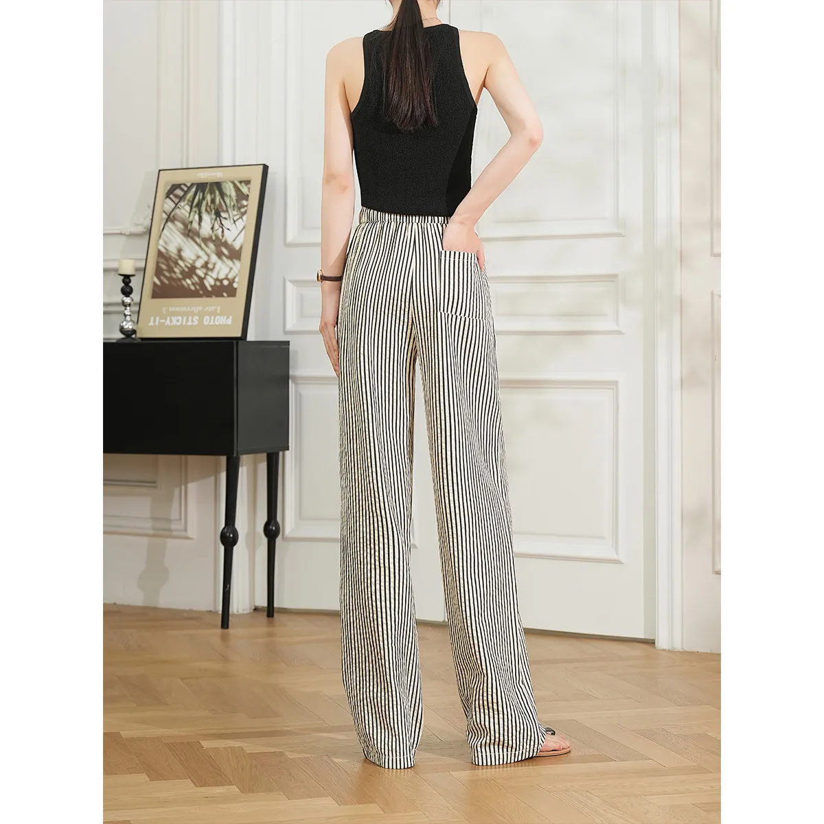 LOUIS YAO Women Casual Long Pants Contrast Color Striped Casual Trousers Loose Fit Straight Wide Leg Pants