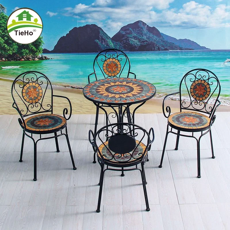 European Style Outdoor Tables Chairs Set Household Balcony Courtyard Iron Mosaic Table Lesure Chair Vintage Outdoor Furniture