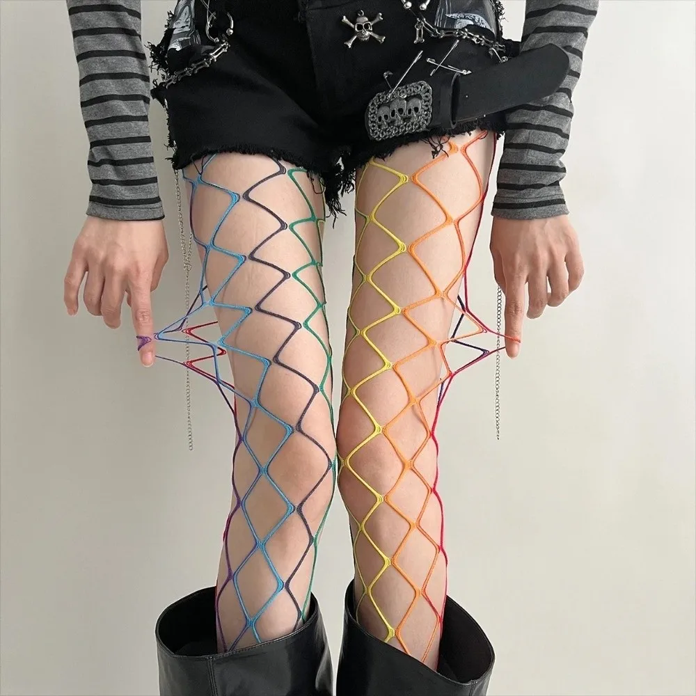 Breathable Y2K Rainbow Fishnet Stockings Dopamine Large Mesh Hollowed Out Pantyhose Stretch Colorful Sexy Mesh Stockings Girls