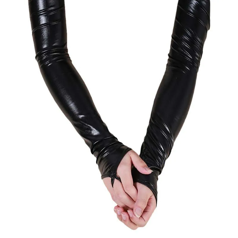 Sexy Women's Lacquer Leather Gloves Halloween Cosplay Nightclub Stage Performance Pole Dance Arm Sleeves Hook Finger Long Mitten