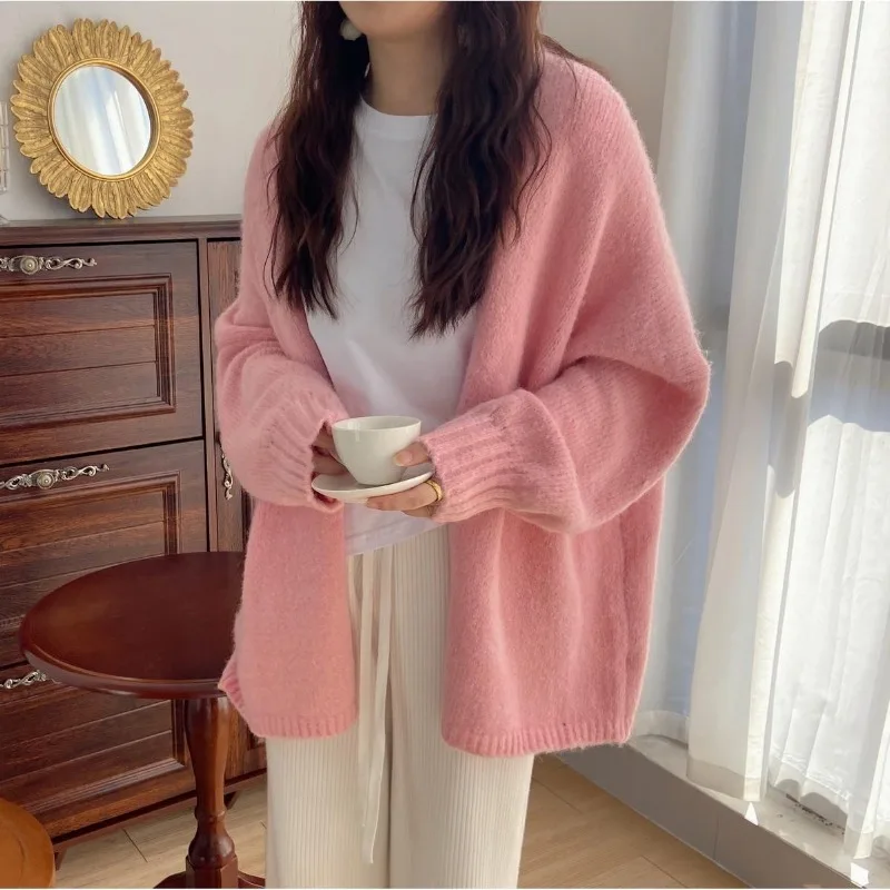 Loose Cardigan Women Knitting Pink Autumn Winter Coats Gentle All-match Sweet Korean Style Long Sleeve Slouchy Fluffy Soft Thick