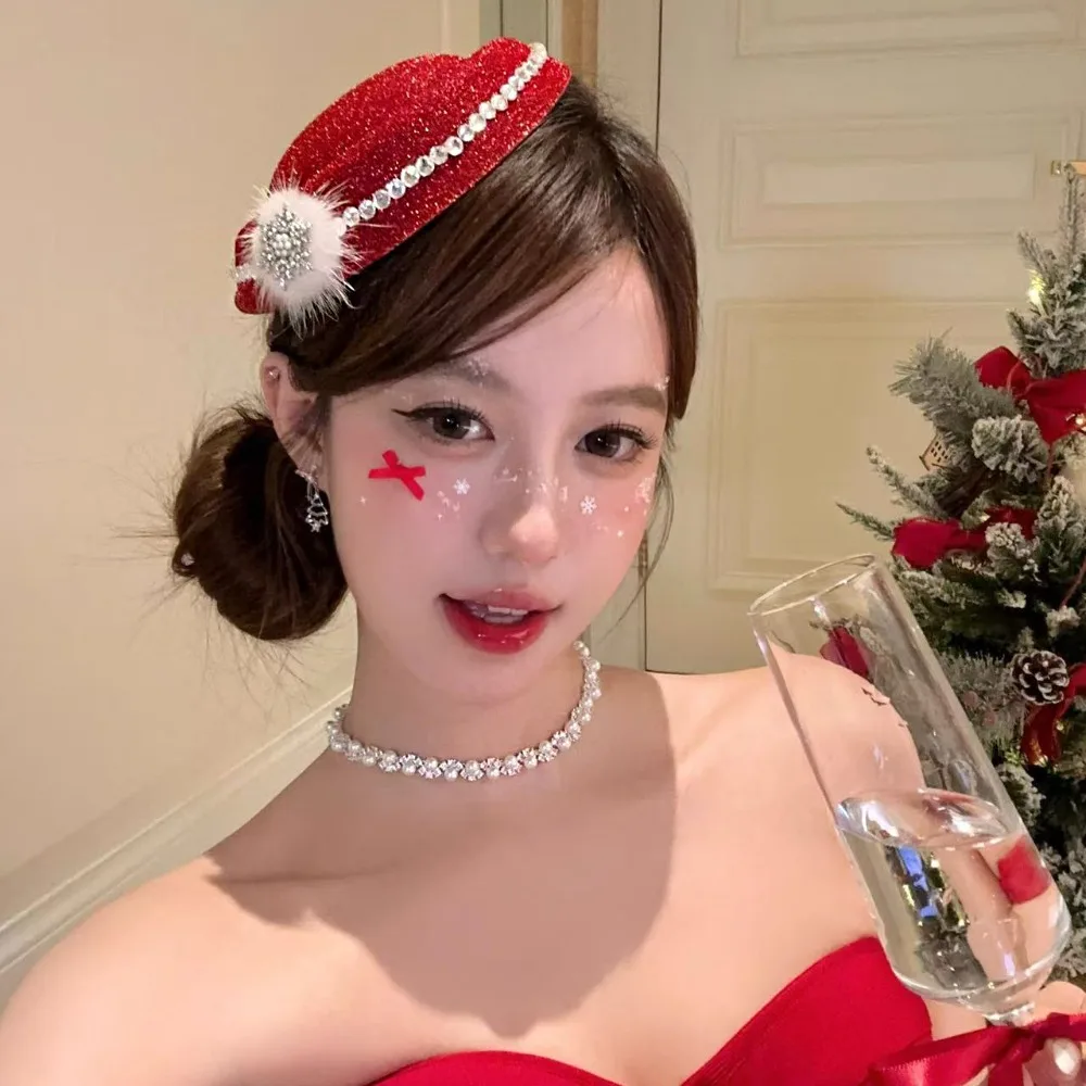 

Beret Fedoras Hat Hair Clip Velvet Rhinestone Red Top Hat Hairpin Snowflake Formal Hat Fascinator Hat Dance Show Headwear
