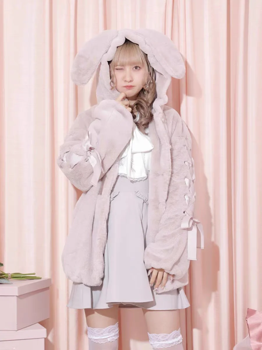 Dophee Japanese Autumn Winter Women Fur Overcoat Cute Thicken Lolita Y2k Rabbit Ears Hooded Parkas Bandage Bow Warm Jacket Coat