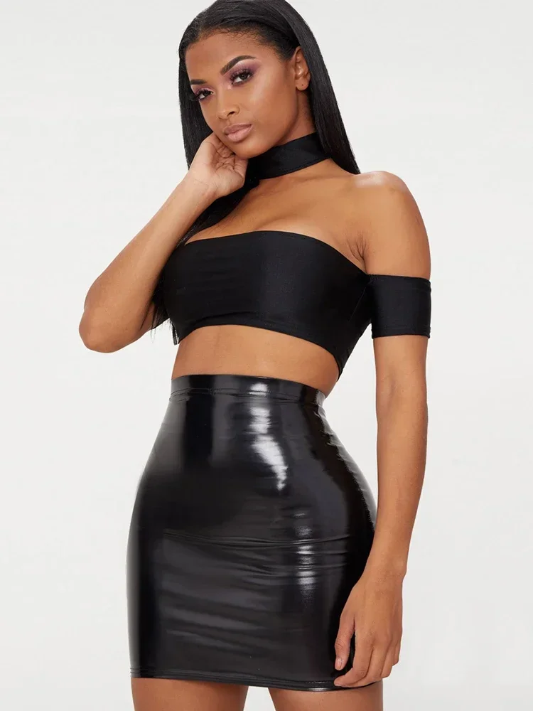 Women Shiny Faux Leather High Waist Mini Skirts Ladies Wet Look PU Sexy Slim Stretch Pencil Skirt Clubwear Nightclub New Custom