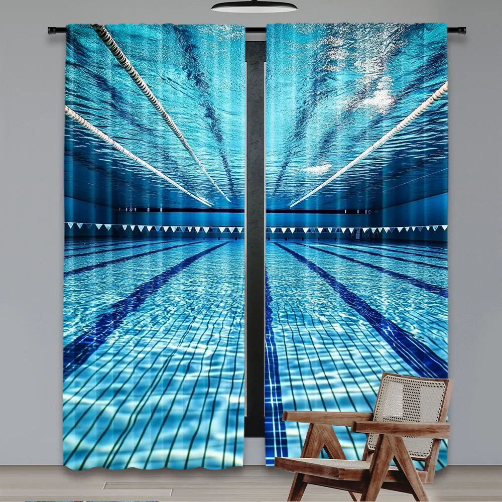 2Pcs Blue Swimming Pool Sports Theme Curtain Fitness Swim Competition Exercise Window Drapes Perfect For Living Room Game Room