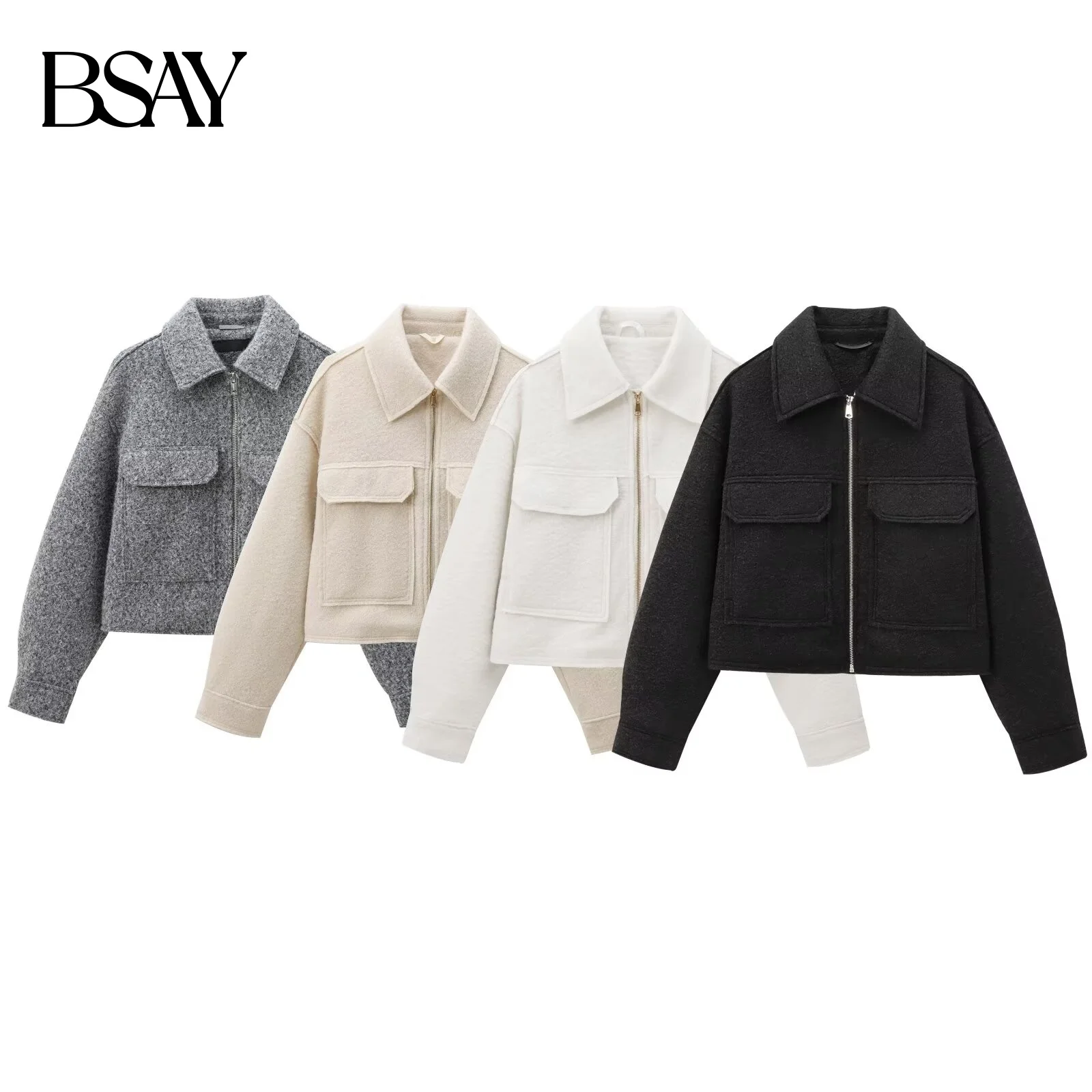 เสื้อแจ็คเก็ตสั้นแฟชั่น BSAY ปกมุก หนัง แขนยาว เสื้อผ้าผู้หญิง สินค้าใหม่ฤดูใบไม้ร่วง 2025 ผ้าทอหยาบ