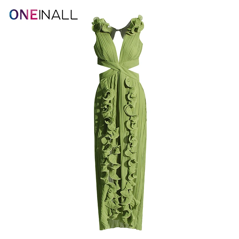 ONEINALL Elegant Patchwork Ruffles Dresses For Women V Meck Sleeveless High Waist Hollow Out Split Temperament Midi Dress Female