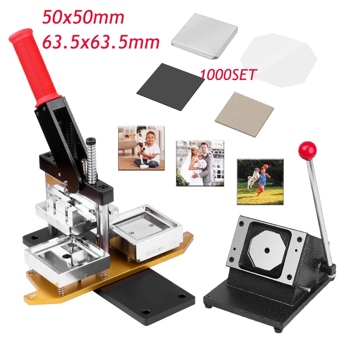

50x50mm/63.5x63.5mm Square Fridge Magnets Badge Maker Machine DIY Photo Press Machine+Paper Cutter+1000pcs Materials