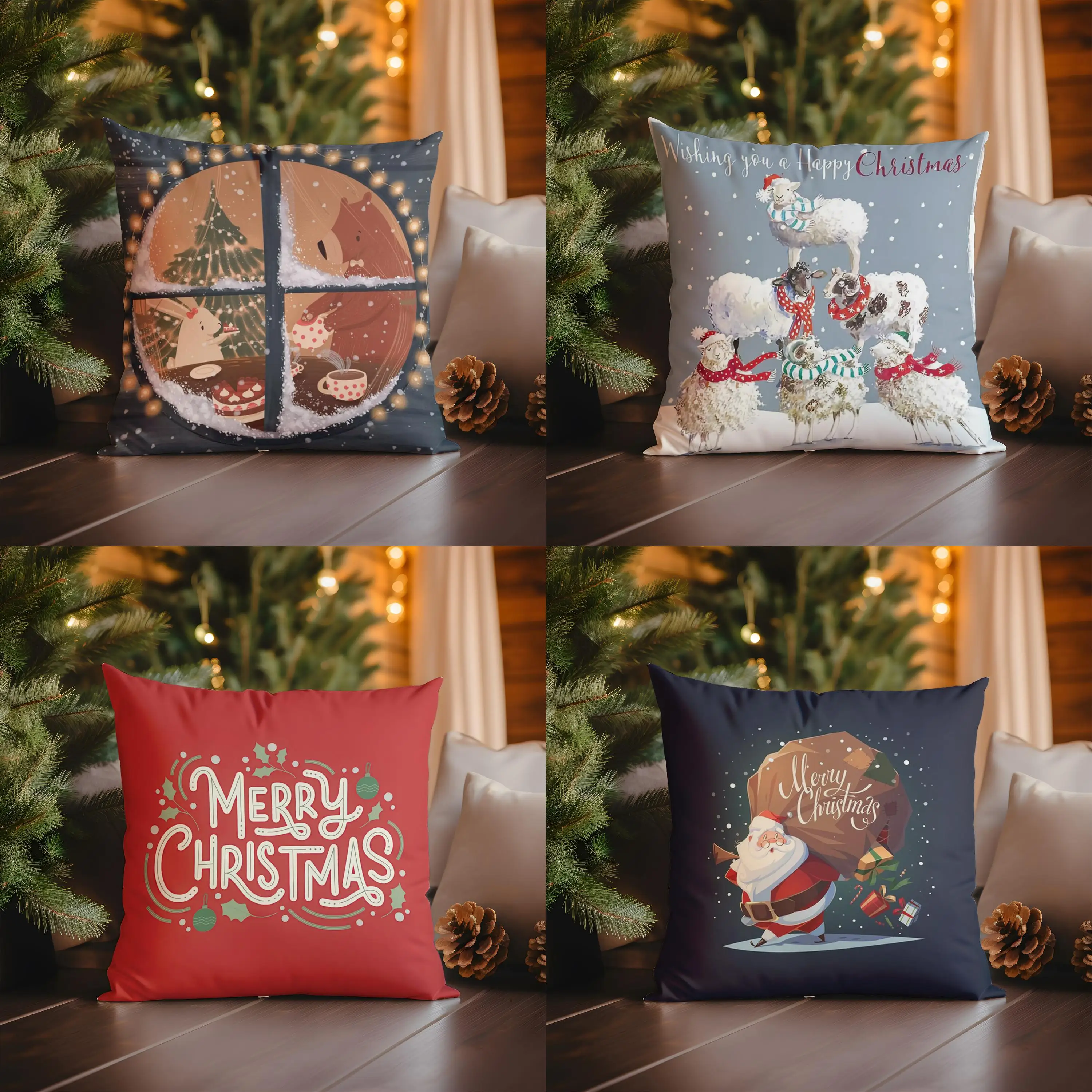 

Home Decor Winter Scene: Bear & Bunny Tea Party Pillow Pattern Cushion Cover Suitable for Sofa Bedroom Car Pillow Cover