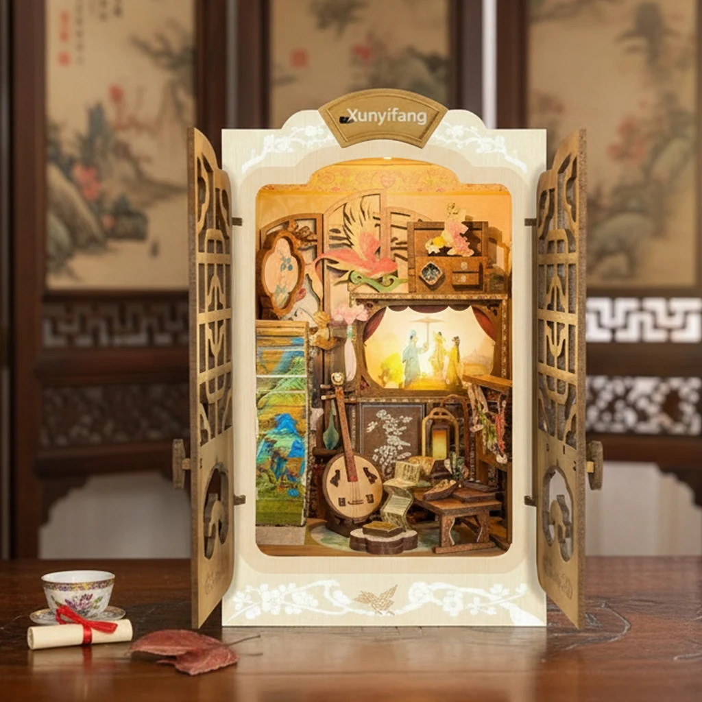 مجموعة OUZEY 3D Wooden Book Nook DIY - مشهد مصغر مع تماثيل ودفاتر، هدية ديكور مصنوعة يدويًا