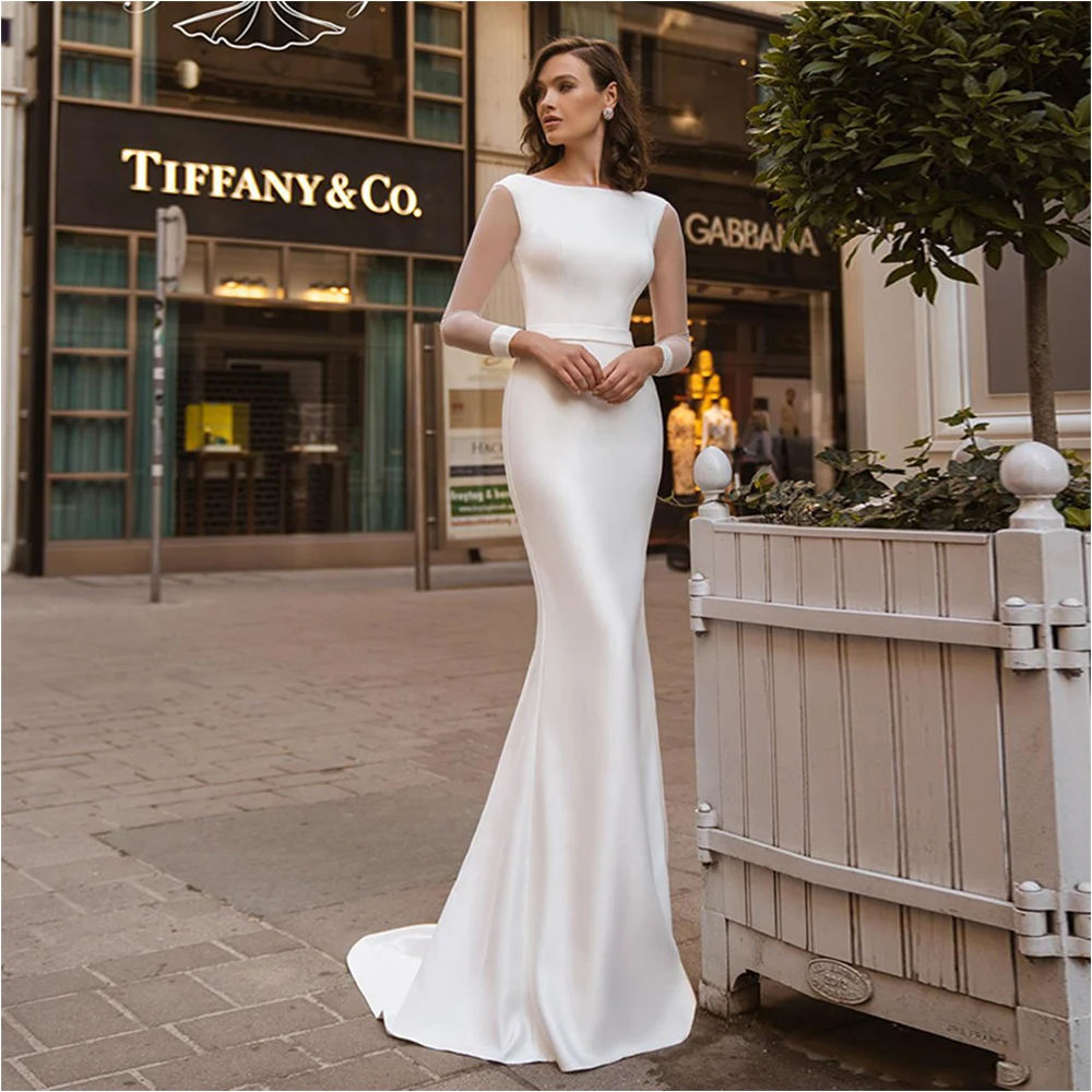 

Ramanda Elegant Round Neck Long Sleeves Mermaid Wedding Dresses Women Lace Up Back Simple Satin Civil Bridal Gown Custom Made