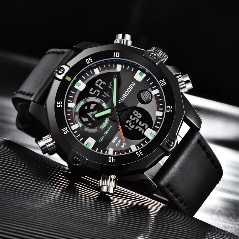 Orologi originali di grande marca CURDDEN per uomo cinturino in pelle moda cronografo Dual Time orologio digitale sportivo militare Reloj Hombre