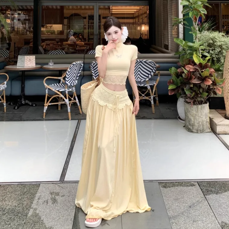 

Women's Yellow Two-piece Set O-neck Lace Paneled Short-sleeve T-shirt Top Tie-waist Fit A-line Skirt Korean Summer Trendy Suits