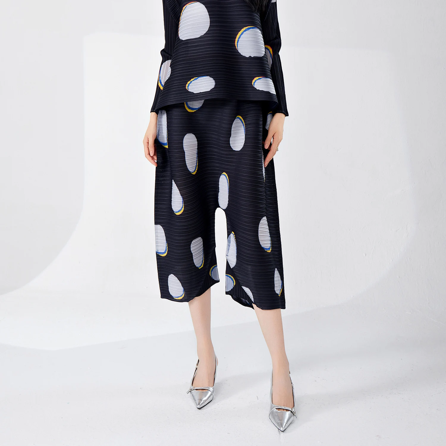 Women's Classic Pleated Wide Leg Pants Plus Size Casual Stretch Printed Polka Dot Design Western Style for Ladies Pants
