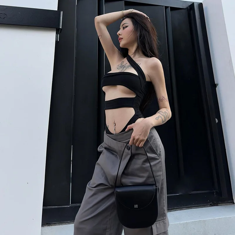 High Street Confident Summer Cool Tight Sexy Elastic Hot Hollow Asymmetric All-Match Mature Feminine Women'S Jumpsuit