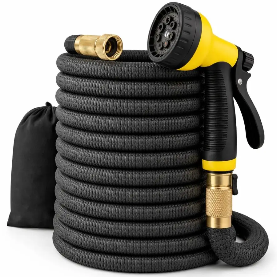 

XpandaHose 50ft Expandable Garden Hose UltraStrong 3750D, 4Layer Latex Core, Brass 3 4 Connectors, 10Pattern Nozzle amp Storage