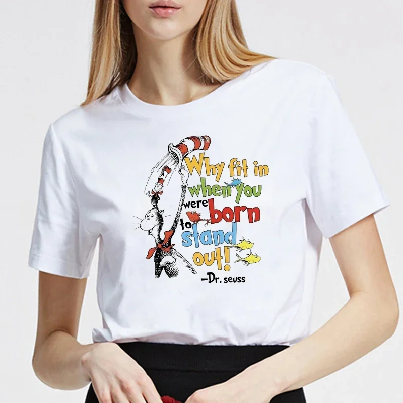 

Женская футболка с принтом Dr Seuss, универсальная уличная одежда с коротким рукавом и круглым вырезом, винтажная женская футболка в стиле Харадзюку, женская футболка, винтажные топы