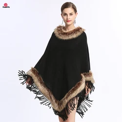 Fashion Full Trim Faux Raccoon Fur Pullover Cape Loose Thin Knit Poncho Cloak Coat Women Spring Autumn Shawl Wraps