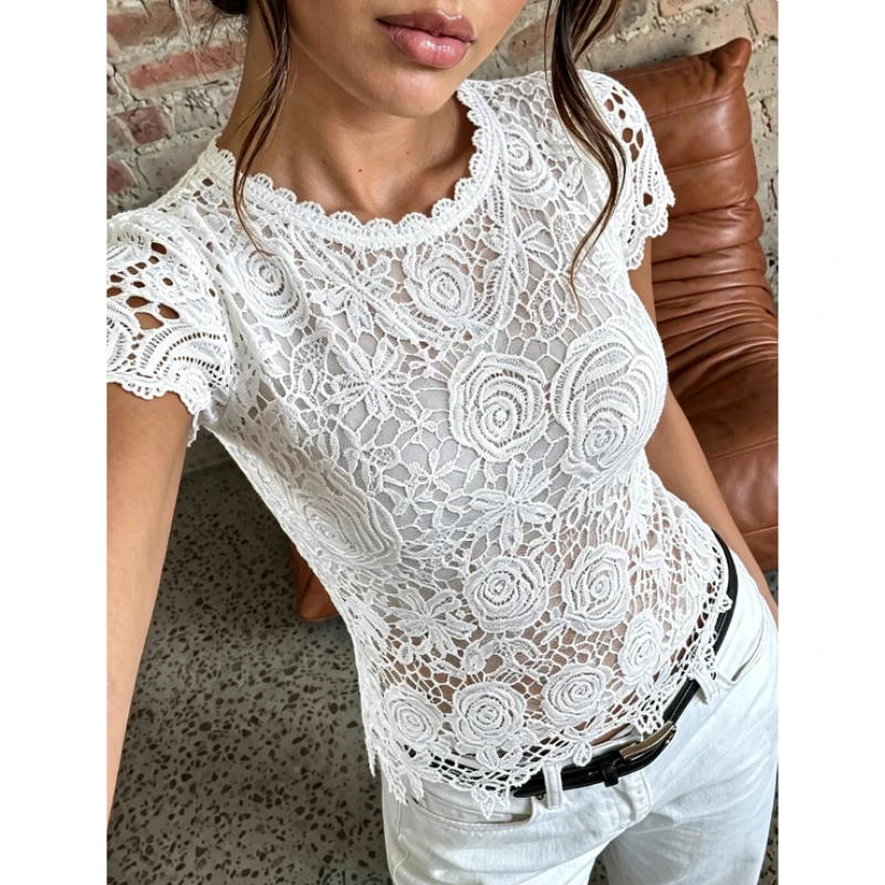 

Women Chic Elegant Embroidery Casual Shirt Woman Summer Tops Short Sleeve Hollow Lace White Blouse Ladies O Neck Shirt