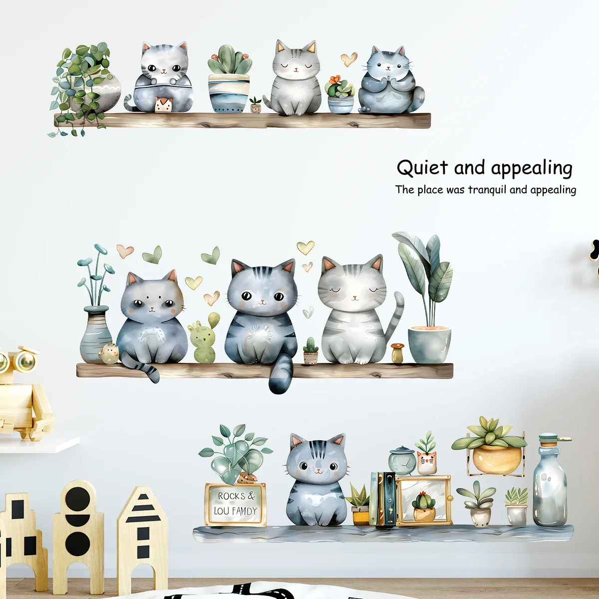 2Pcs Plant Potted Cartoon Cute Cat Wall Sticker for Kids Room Decor Baby Room Bedroom Decoration Living Room Wall Decals Art