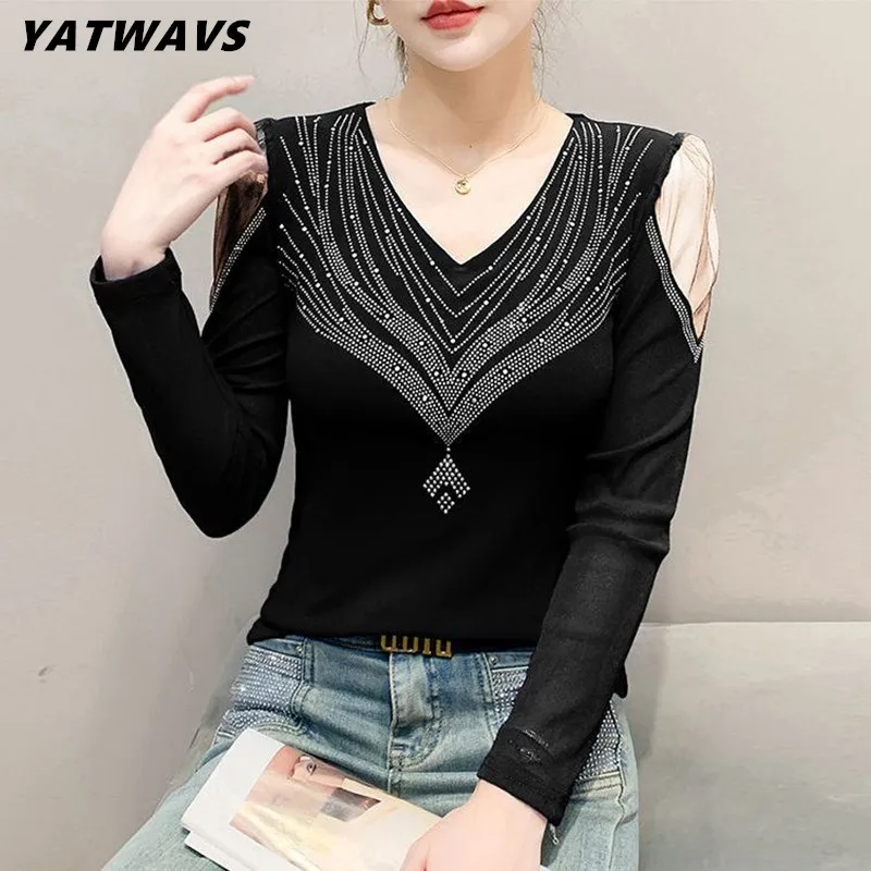 

Осень 2024, женская сексуальная футболка с v-образным вырезом и длинным рукавом, элегантные топы с ромбовидной сеткой, модная уличная одежда, женская одежда, футболки