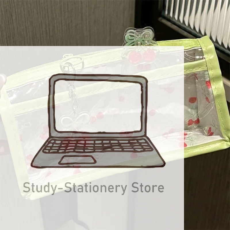 

Sweet Cherry Transparent Pencil Case Large Capacity Student Stationery Zipper Pen Bag School Supplies Makeup Storage Bag